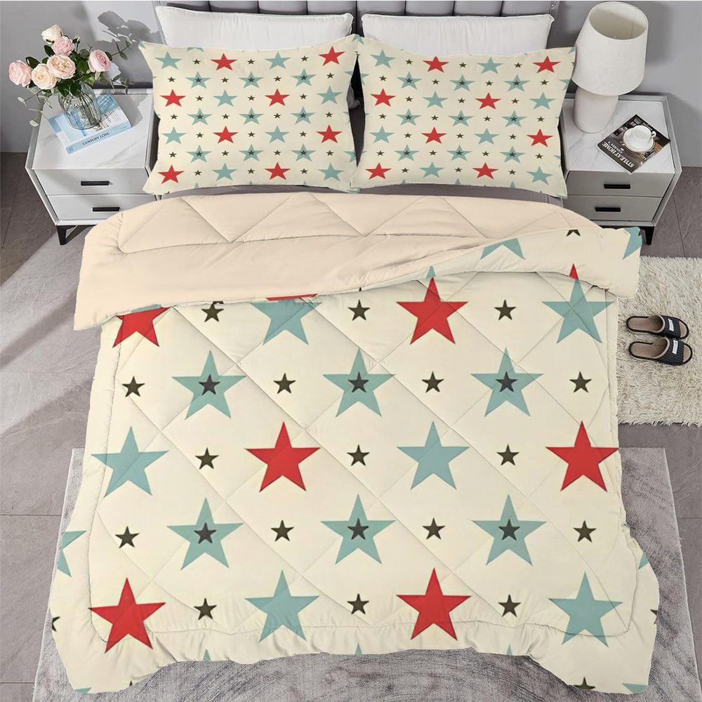 Qiwagu Light Brown Comforter 200 x 220 cm, Reversible Quilted Blanket with Colorful Star Pattern, Super Soft Breathable 200 GSM Lightweight All-Season Comforter with 2 Pillowcases
