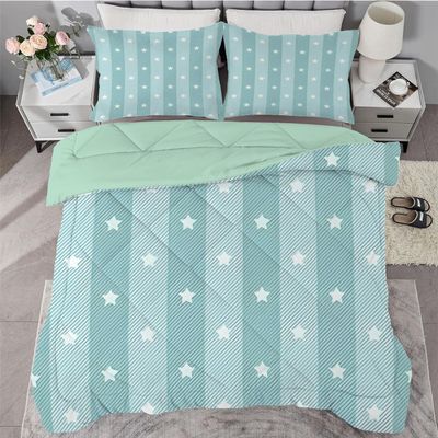 Qiwagu Light Blue Comforter 135 x 200 cm, Reversible Quilted Comforter with Stripe Pattern, Super Soft Breathable 200 GSM All-Season Comforter with 1 Pillowcase