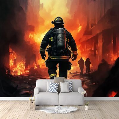3D Effect Modern Firefighter Photo Wallpaper, Orange and Red, 300 x 210 cm