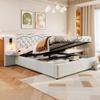 MURUL Low-Profile Upholstered Bed with Integrated Headboard, Hydraulic Lift Storage, USB Ports and Two Bedside Lamps, Beige, 180 x 200 cm view 1
