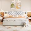 MURUL Low-Profile Upholstered Bed with Integrated Headboard, Hydraulic Lift Storage, USB Ports and Two Bedside Lamps, Beige, 180 x 200 cm view 2