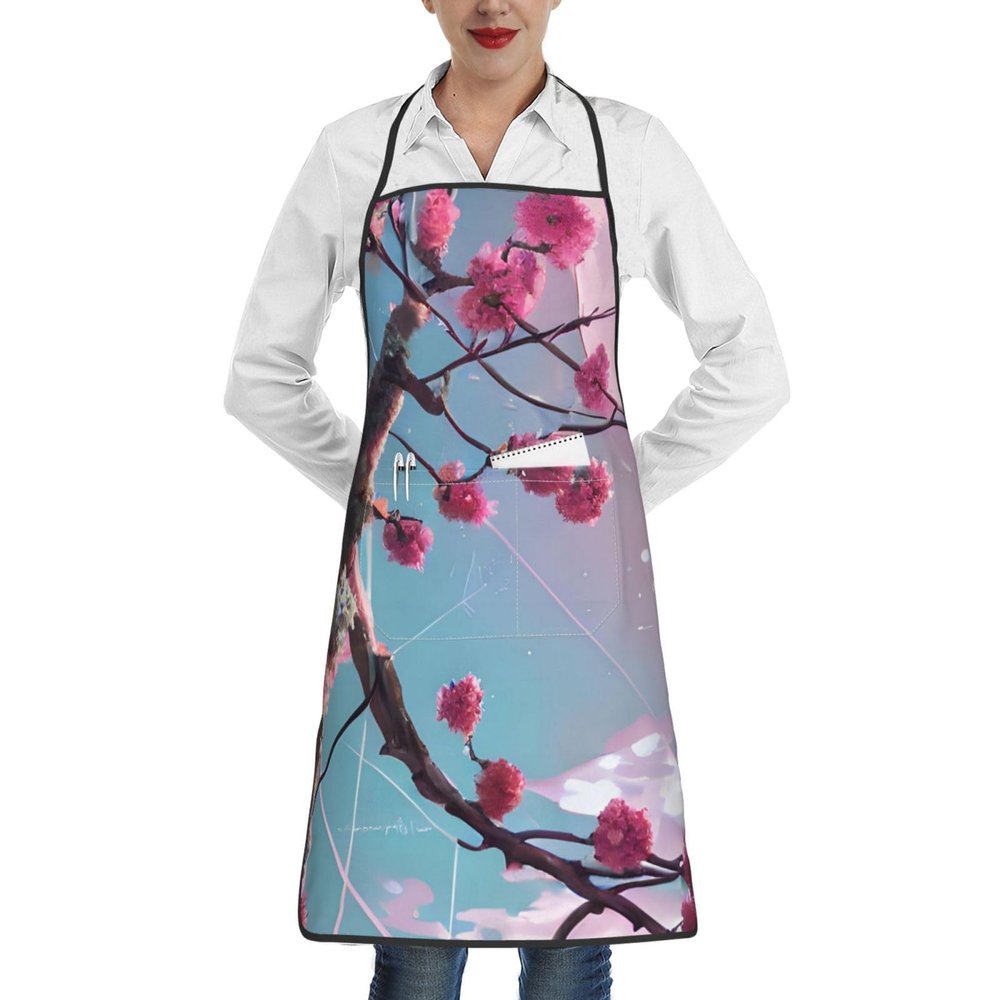 yefan Adjustable Bib Apron with Small Pink Flowers and 1 Pocket, White, One Size