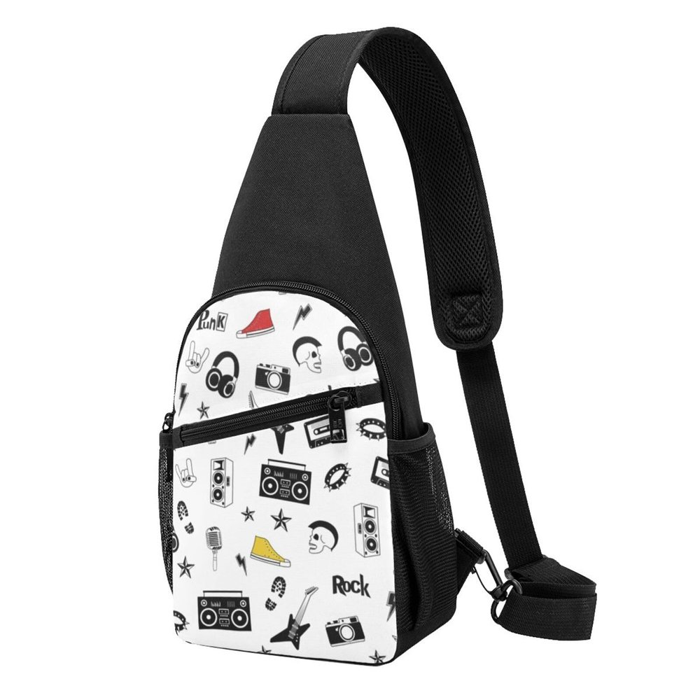 Rock Music Pattern Sling Chest Bag, Black, Multicolor, One Size