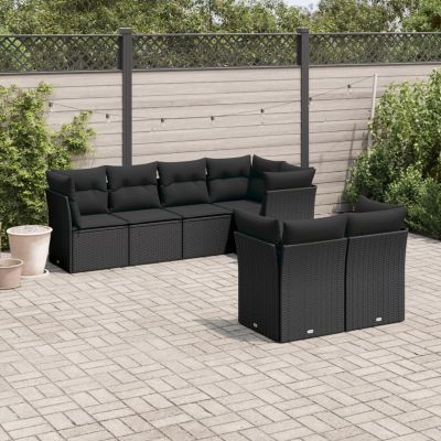 Iiaky 7-Piece Garden Sofa Set with Cushions, Black PE Rattan
