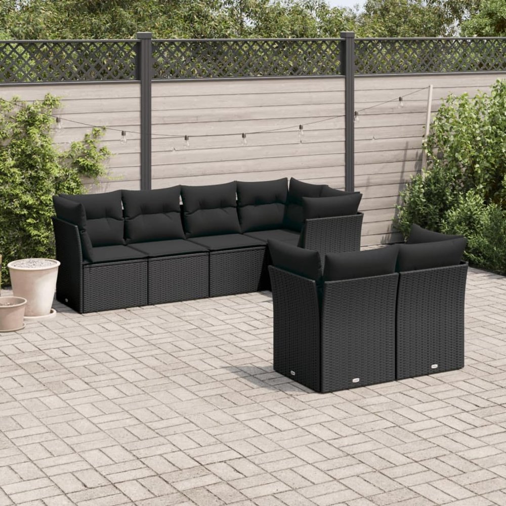 Iiaky 7-Piece Garden Sofa Set with Cushions, Black PE Rattan