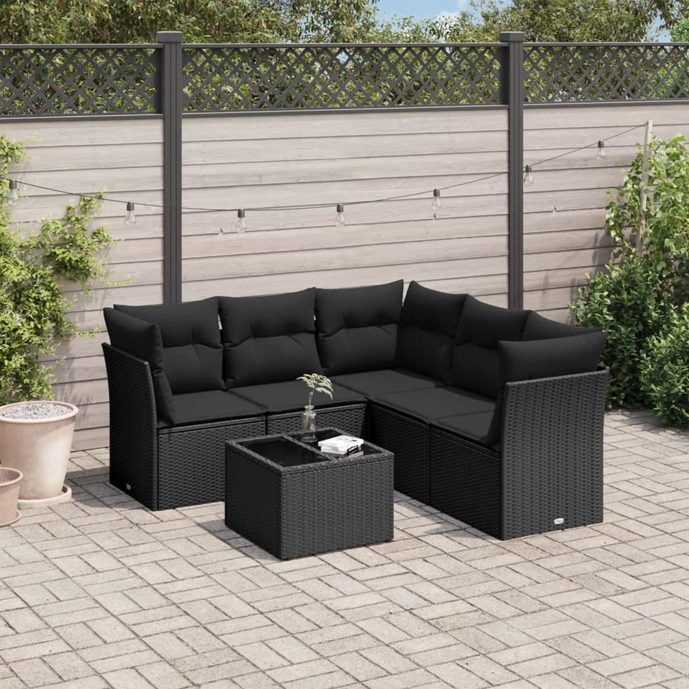 Iiaky 6-Piece Garden Sofa Set with Cushions, Black PE Rattan