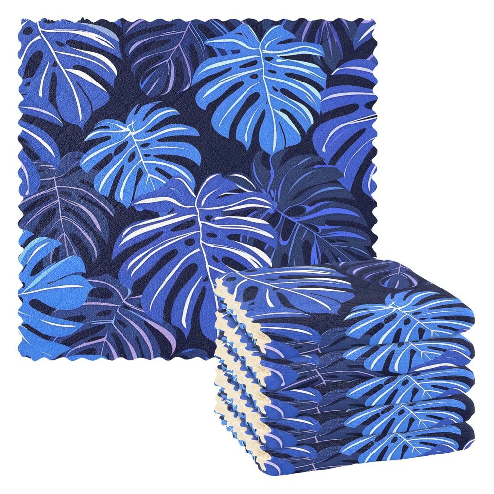 Mnsruu Microfiber Swedish Dishcloths, Leaf Blue Palm, Reusable, 6-Pack