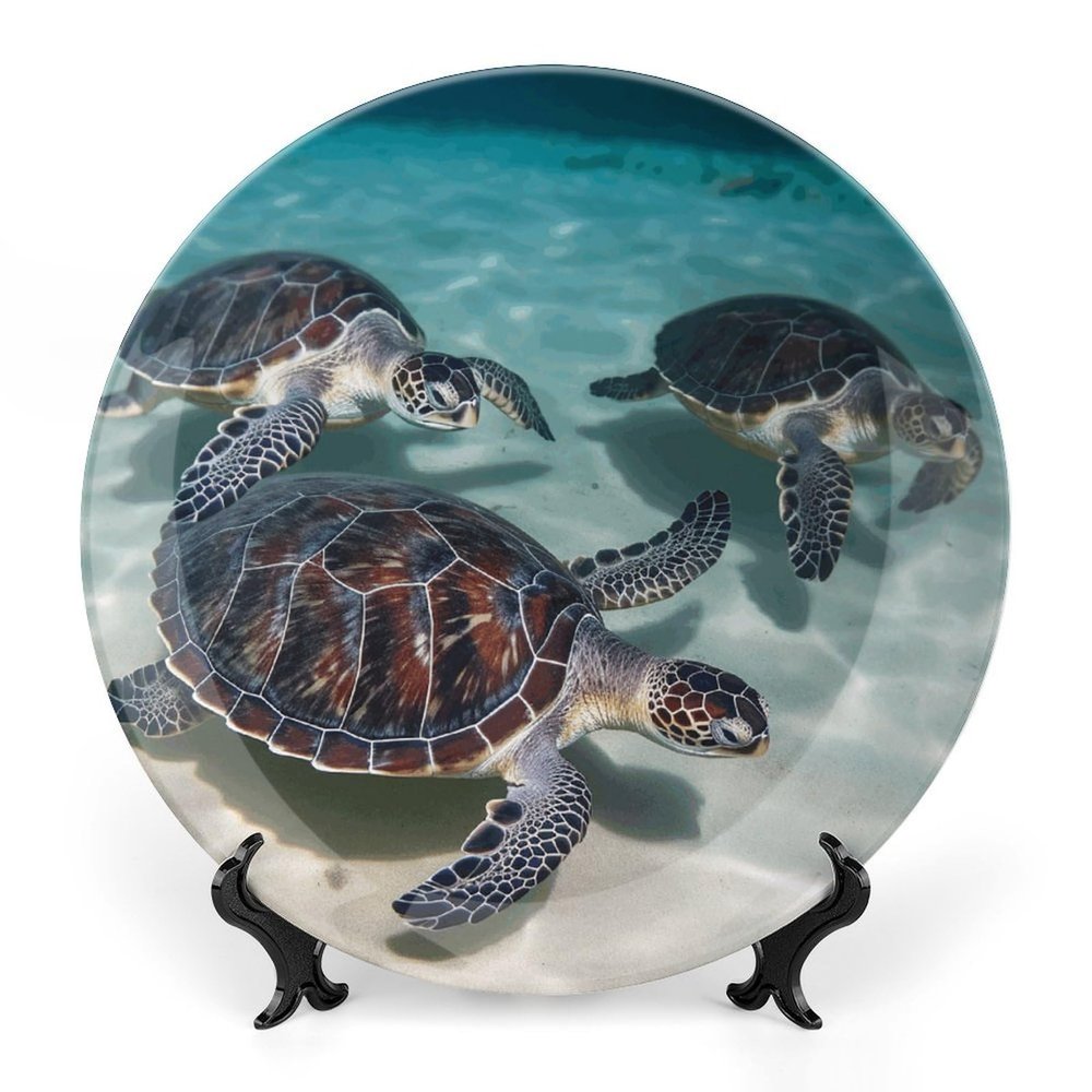 NONHAI Decorative Bone China Plate, 10 in, Sea Turtles, with Stand