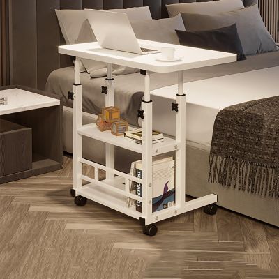 Mobile Adjustable Standing Desk with Wheels, C-Frame Laptop Cart, Side Table with Shelves, White, 80 x 40 cm