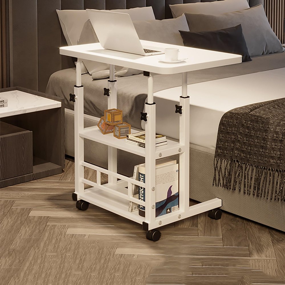 Mobile Adjustable Standing Desk with Wheels, C-Frame Laptop Cart, Side Table with Shelves, White, 80 x 40 cm