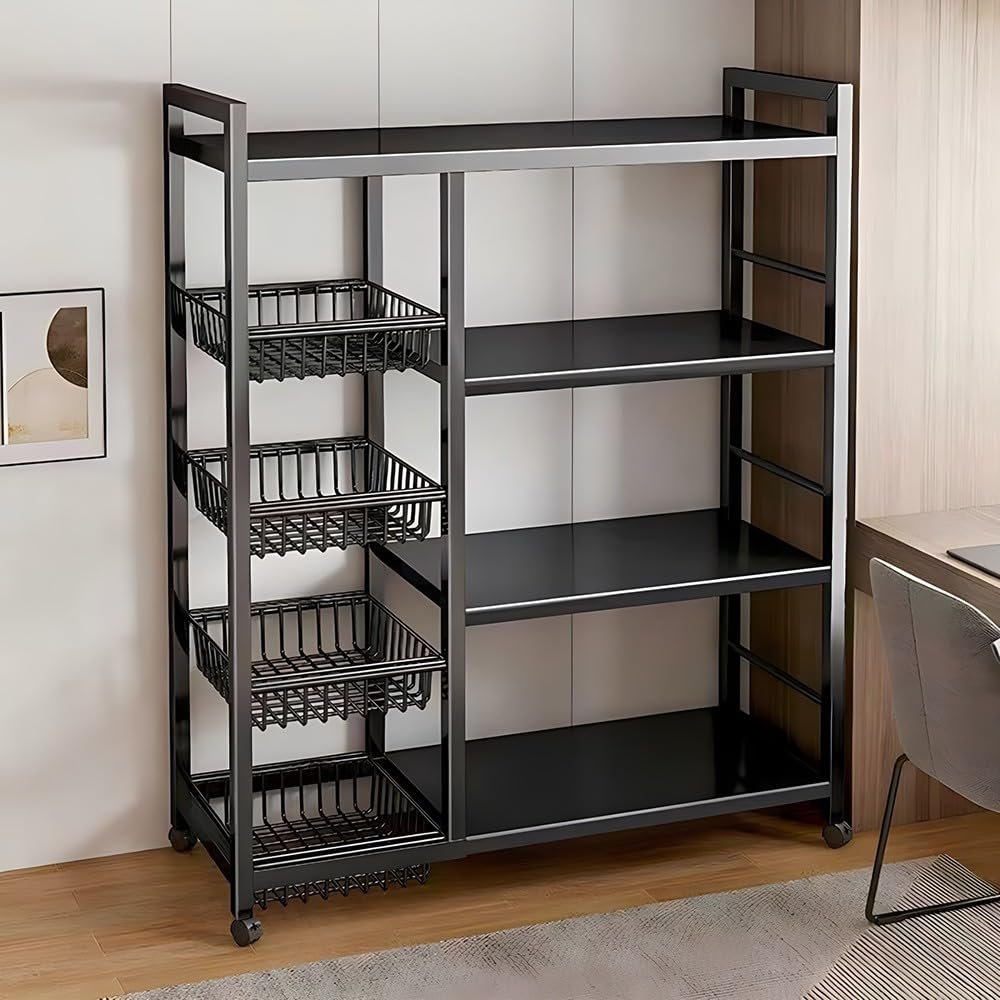 Rolling Kitchen Cart with Mesh Baskets and Adjustable Shelves