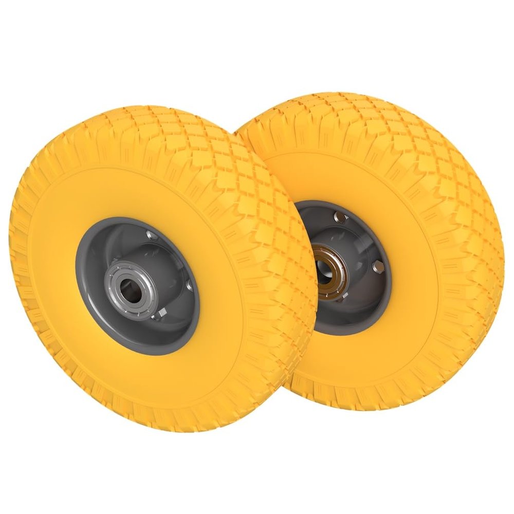 2 x 260 mm PU Wheel 3.00-4 with Ball Bearing, Puncture-Proof, Yellow/Gray