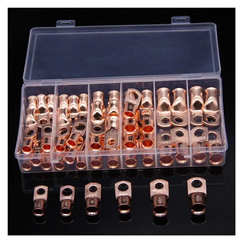 REIUAFWYGV 50-Piece Assorted Bare Copper Wire Ring Terminal Kit, 1/0 AWG, 2 AWG, 4 AWG, 3/8 in and 5/16 in