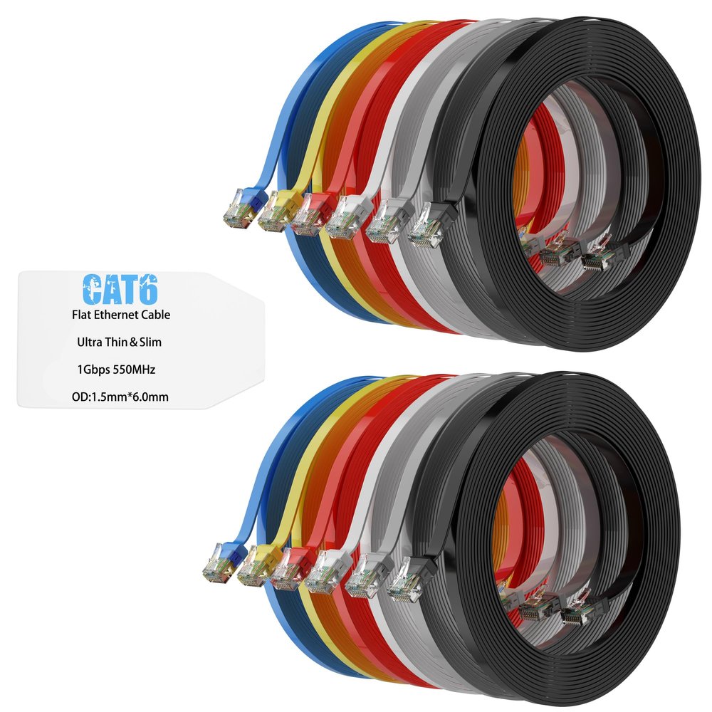 Mygatti Flat Cat6 Ethernet Cable, 1.5 m, 12-Pack, Multicolor