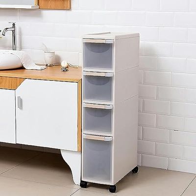 Slim, Tall Bathroom Organizer with Transparent Drawers and Casters, White