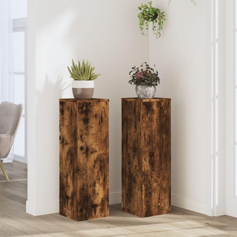 NQJIBUE Plant Stands, 2-Piece Set, Smoked Oak, 9.8 x 9.8 x 31.5 in, Engineered Wood