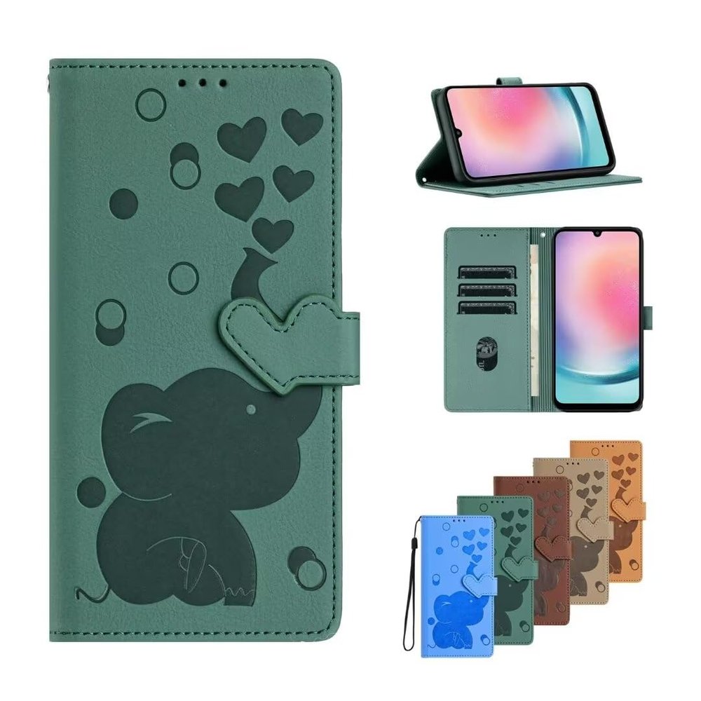 KRjcsfhy iPhone 15 Pro Max Flip Case, Elephant Faux Leather Wallet Cover with Card Slot and Stand, Yellow-Green
