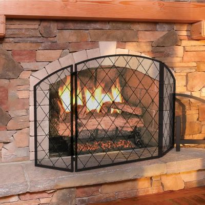3-Panel Iron Fireplace Screen, Black