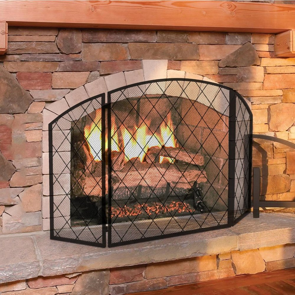 3-Panel Iron Fireplace Screen, Black