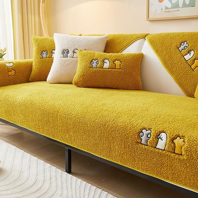 Upgraded Couch Cover – Thick Plush Fleece Sofa Protector with Cute Cat Paw, Non-Slip, Yellow, 9