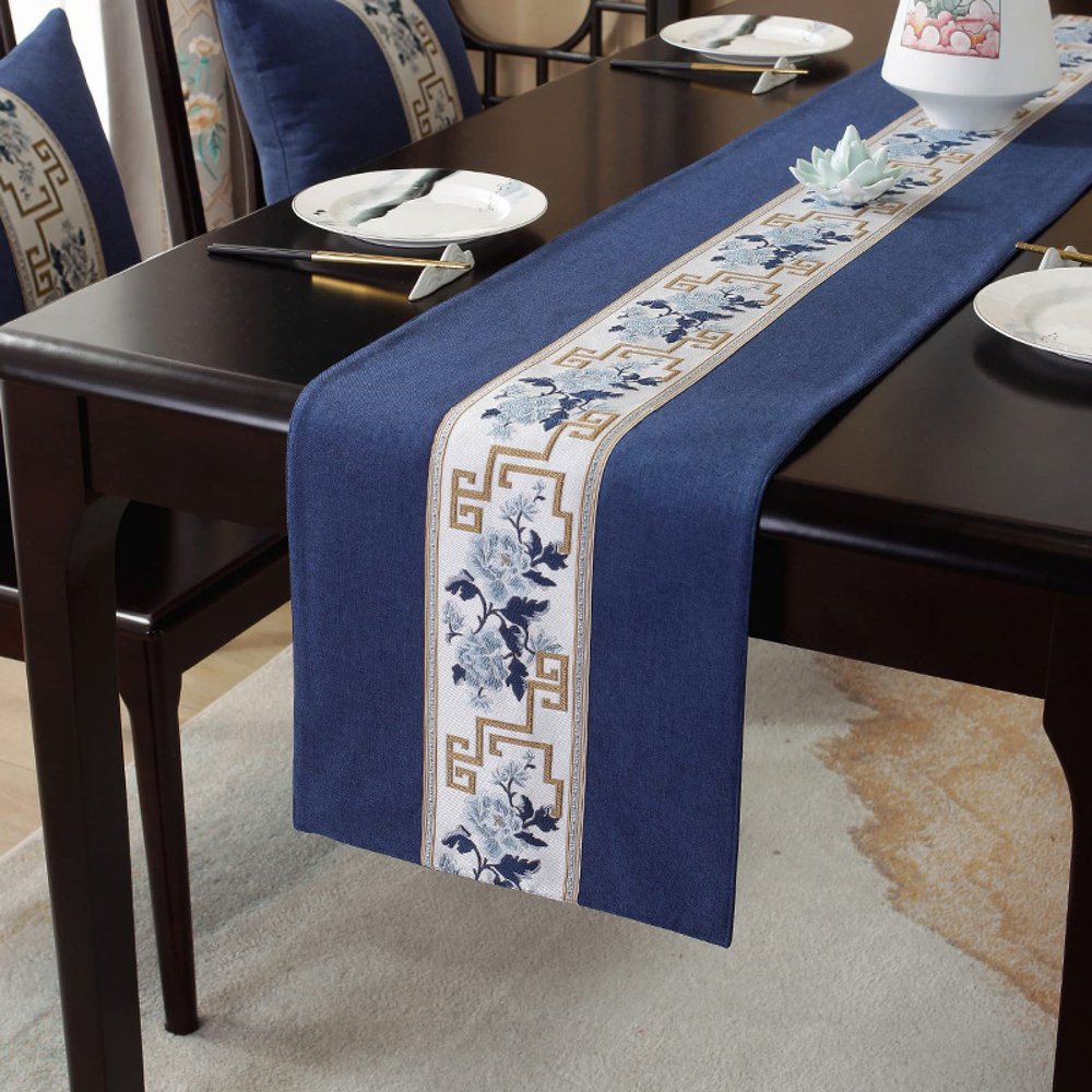 Macramé Table Runner, Linen Blend, 33 x 180 cm, Blue