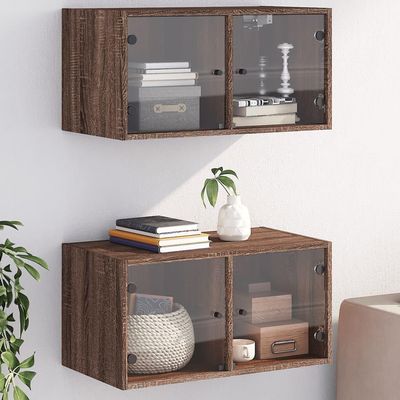 Lauuoeriau Wall Cabinets with Glass Doors, 2-Piece Set, Brown Oak, 68.5 x 37 x 35 cm