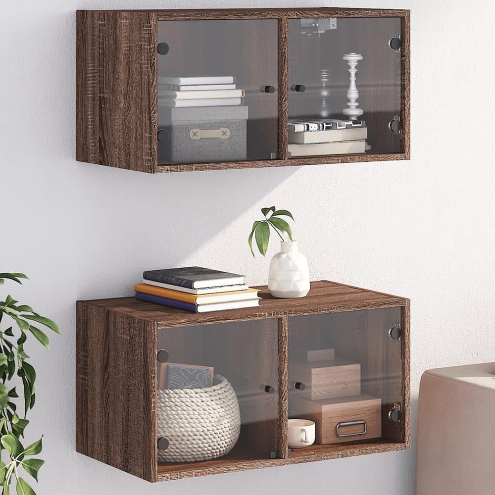 Lauuoeriau Wall Cabinets with Glass Doors, 2-Piece Set, Brown Oak, 68.5 x 37 x 35 cm