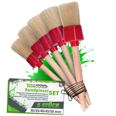 ToolSpace Round Paint Brush Set, 5-Piece, 30–50 mm, Natural Bristles, Beechwood Handles