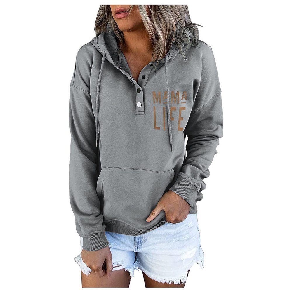 Women's Oversized Pullover Hoodie with Button Placket, Long Sleeves, Hood and Pocket