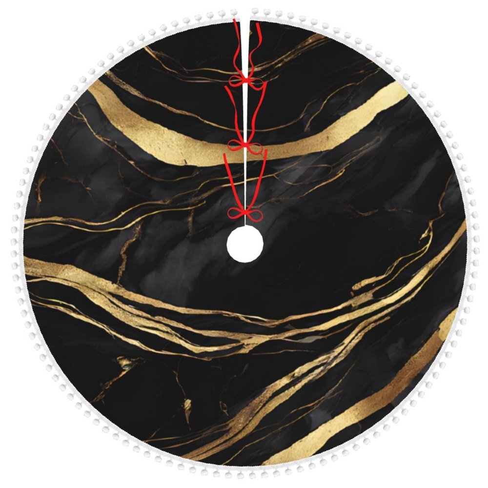 Pom-Pom Christmas Tree Skirt, 48 in, Fir Trees, Pines and Stars, Soft Farmhouse Holiday Decor, Black Marble