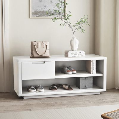 Wood Entryway Bench with Drawer and Storage Cabinet, White, 78.7 x 35.6 x 43.2 cm