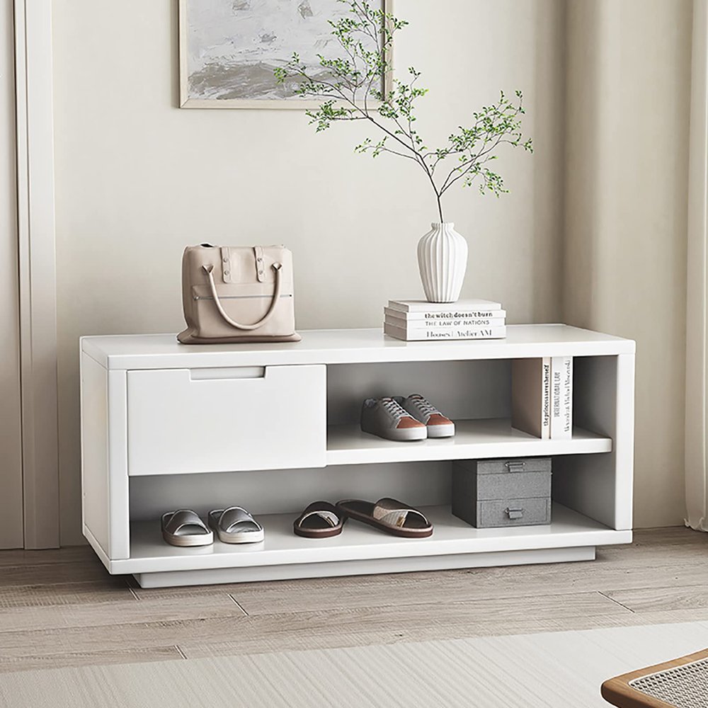Wood Entryway Bench with Drawer and Storage Cabinet, White, 78.7 x 35.6 x 43.2 cm