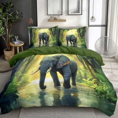 CozyRest Olive Green Jungle Plants Reversible Bedding Set, 100 x 135 cm, Elephant Rainforest Print, 2-Piece