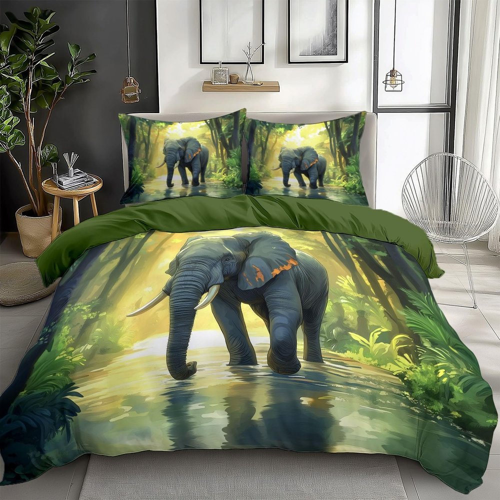 CozyRest Olive Green Jungle Plants Reversible Bedding Set, 100 x 135 cm, Elephant Rainforest Print, 2-Piece