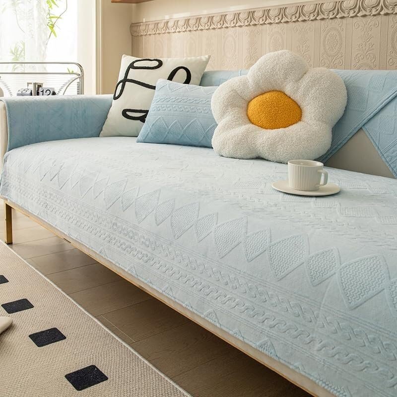 Upgraded 3D Jacquard Rabbit-Fur Couch Cover, Plush, Non-Slip, Blue, 70 × 180 cm