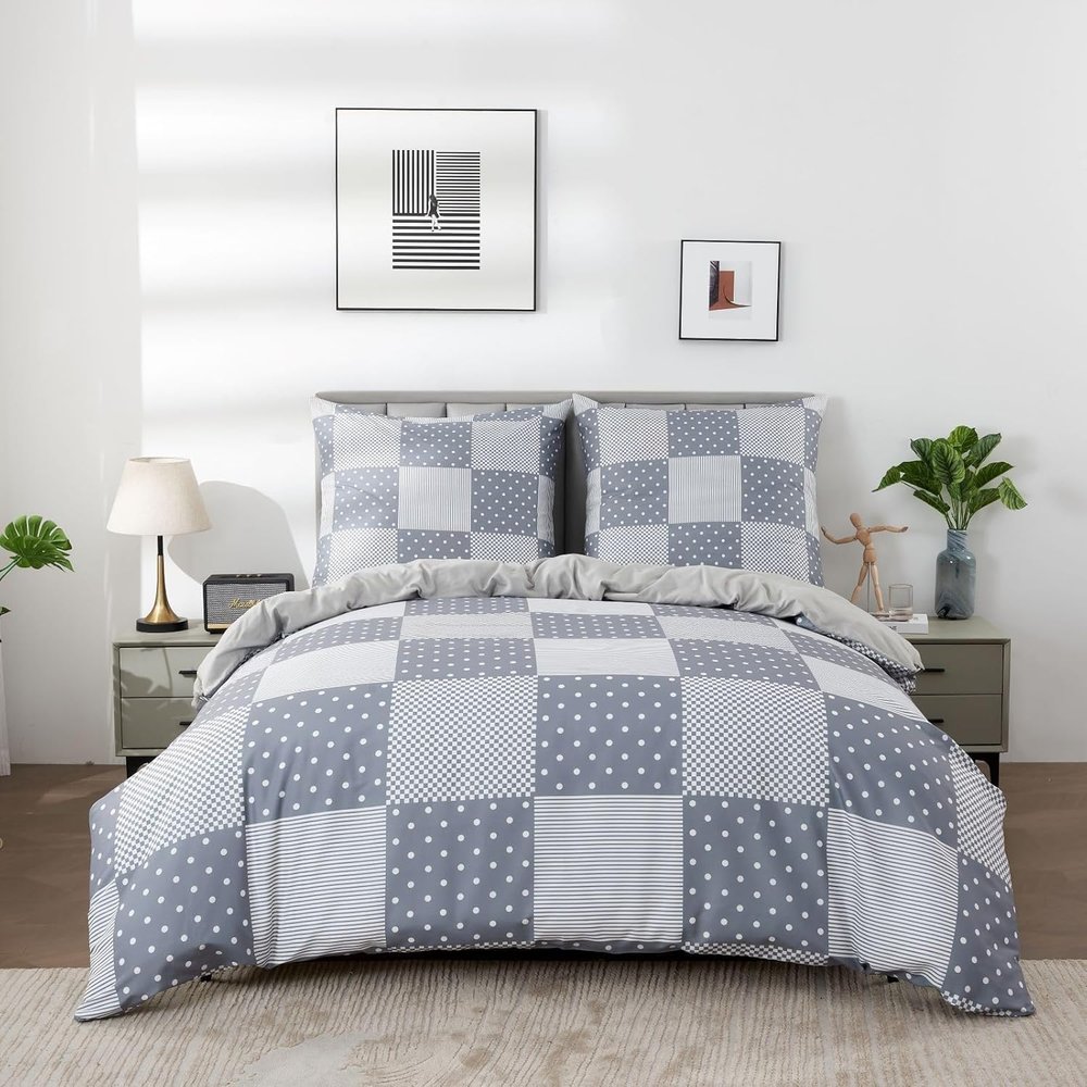 YZQGLHP Grid Bedding Set 135 x 200 cm, Reversible Microfiber Duvet Cover Set