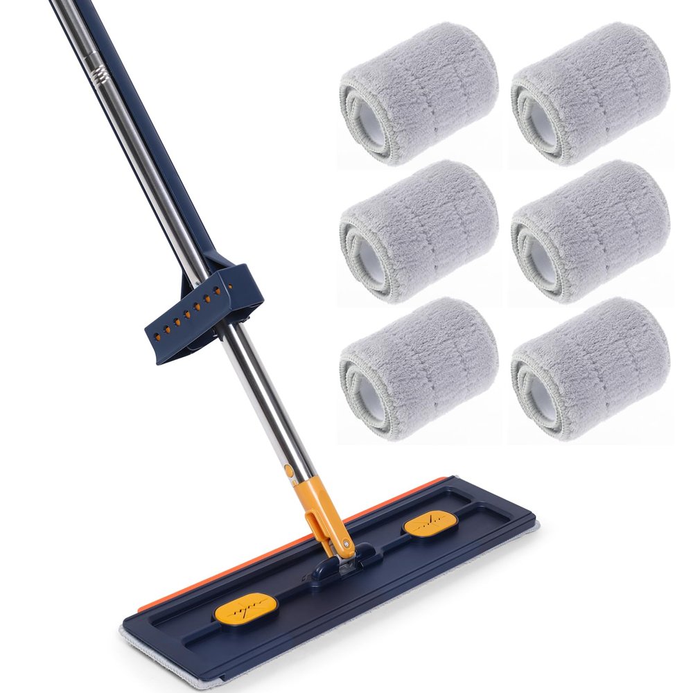 Large Flat Mop with 6 Mop Pads, Rotating Head and Squeegee