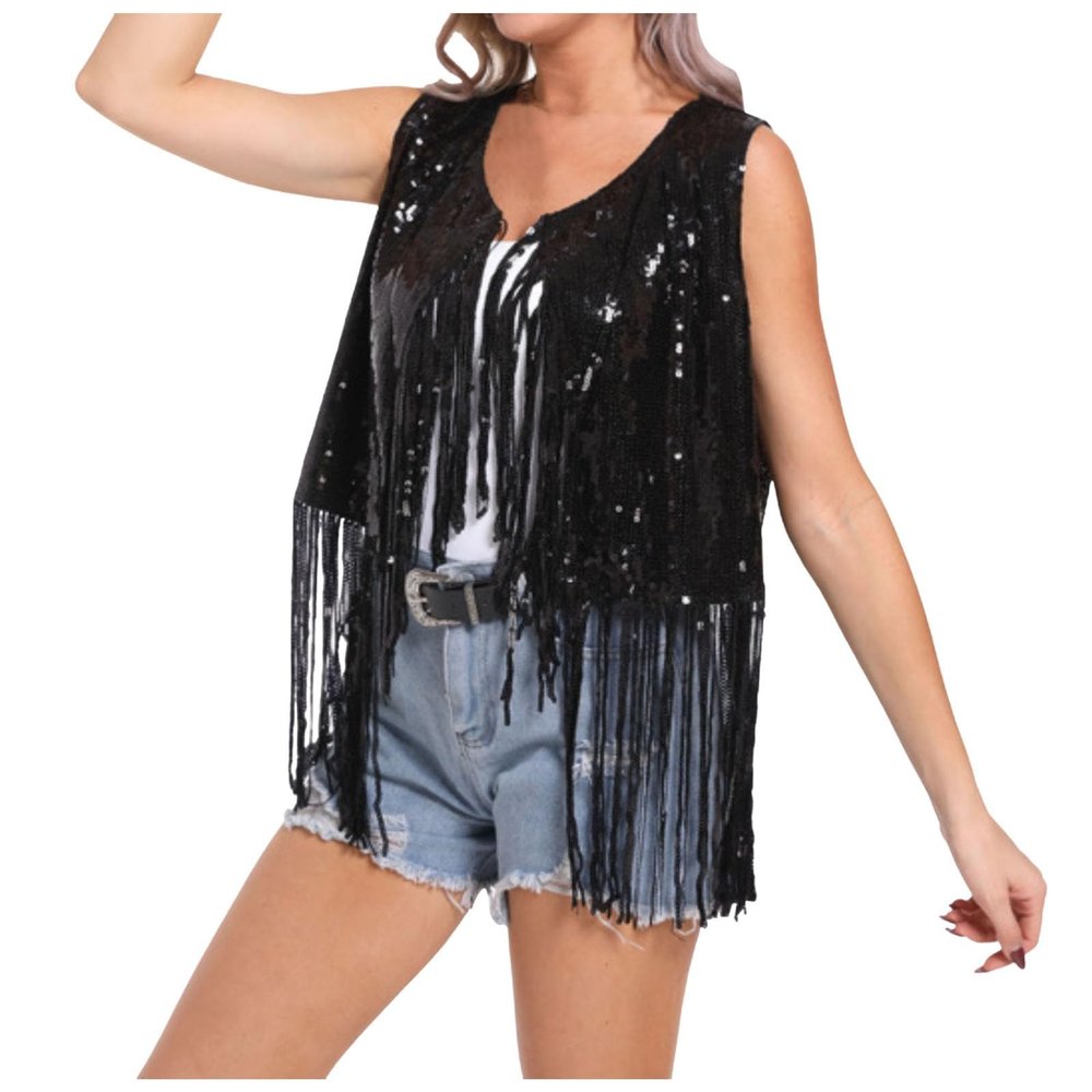 Duohropke Metallic Shiny Women's Jacket, Party Club Top, Hiphop Tinsel Cardigan, Sequin Fringe Vest, Boho Western Jacket