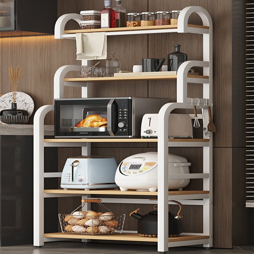 White Kitchen Cabinet with Multi-Tier Shelves for Microwave, Restaurant, Furniture, Sideboard
