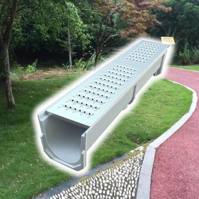 Garden Drain Cover, Trench Drain System with Round-Hole Grate, Resin, 100 x 21 x 25 cm
