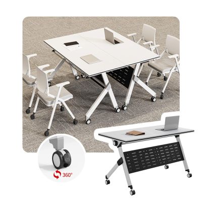 Modern Folding Conference Table with Steel Frame and Large Rectangular Wooden Shelf, White, 140 x 61 x 76 cm