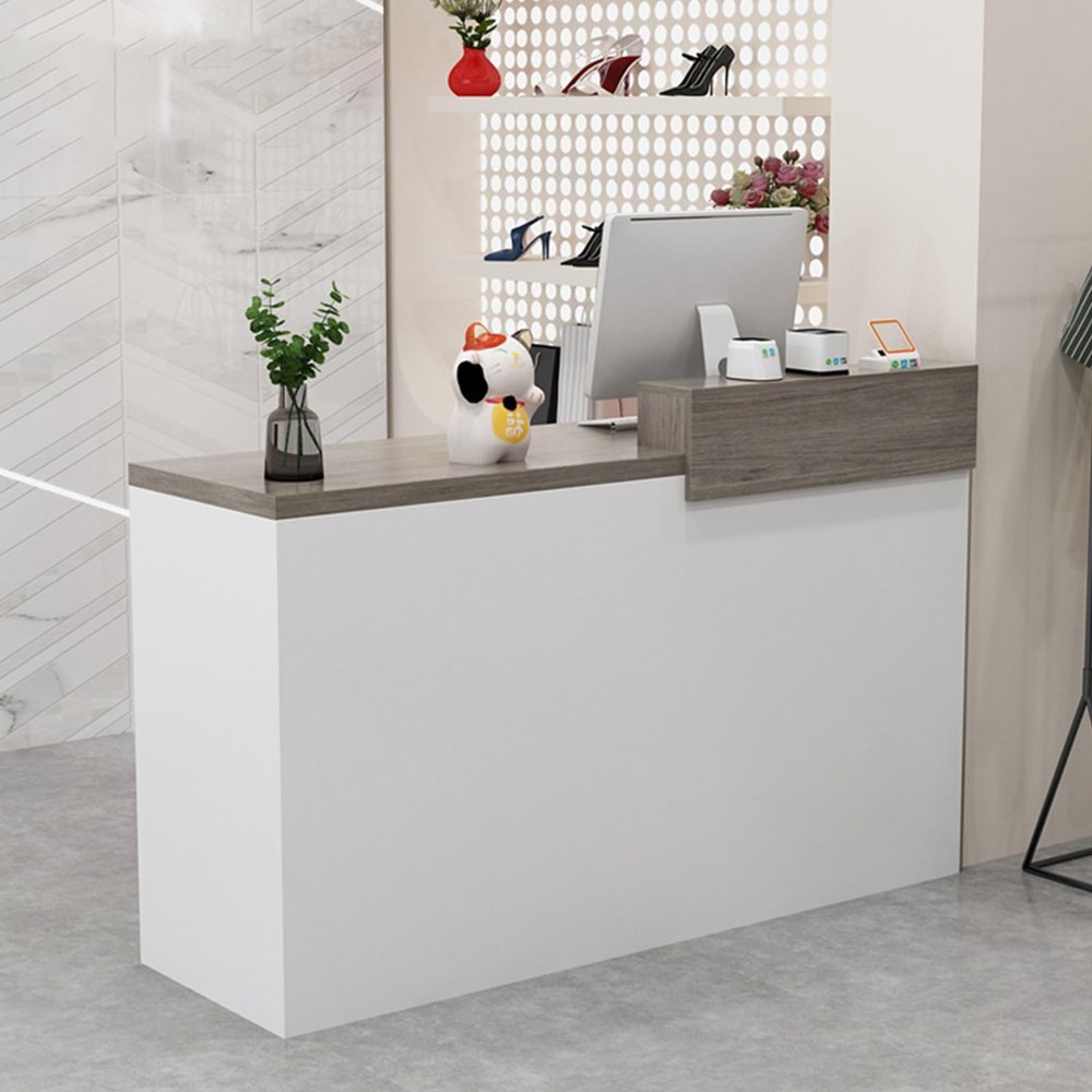 Modern Reception Desk with Lockable Drawers, Walnut and White