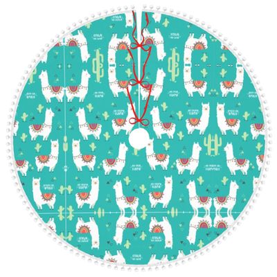 Cute Christmas Tree Skirt with Pom-Poms, Llama and Cactus Design