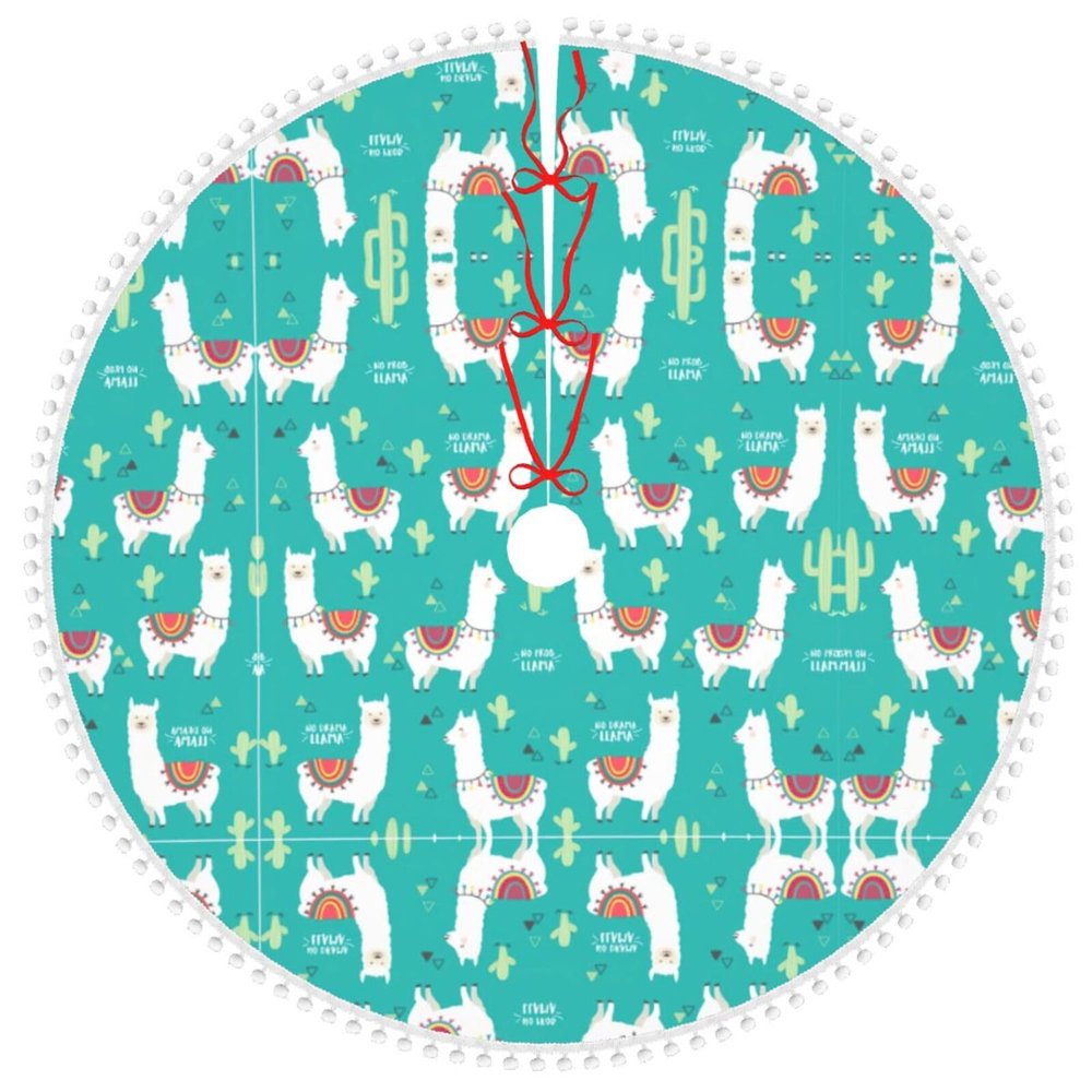 Cute Christmas Tree Skirt with Pom-Poms, Llama and Cactus Design