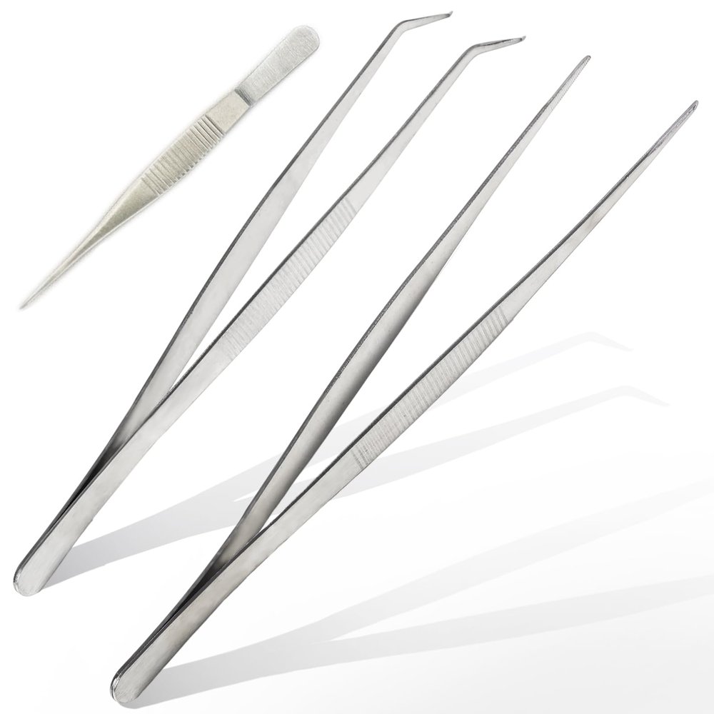 Professional Stainless Steel Tweezers, 25 cm, Curved and Straight, 3-Piece Set
