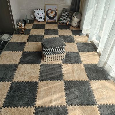 CucCe Plush Foam Floor Mats, 20 Interlocking Carpet Tiles, Non-Slip Square Floor Tiles, Light Coffee + Gray