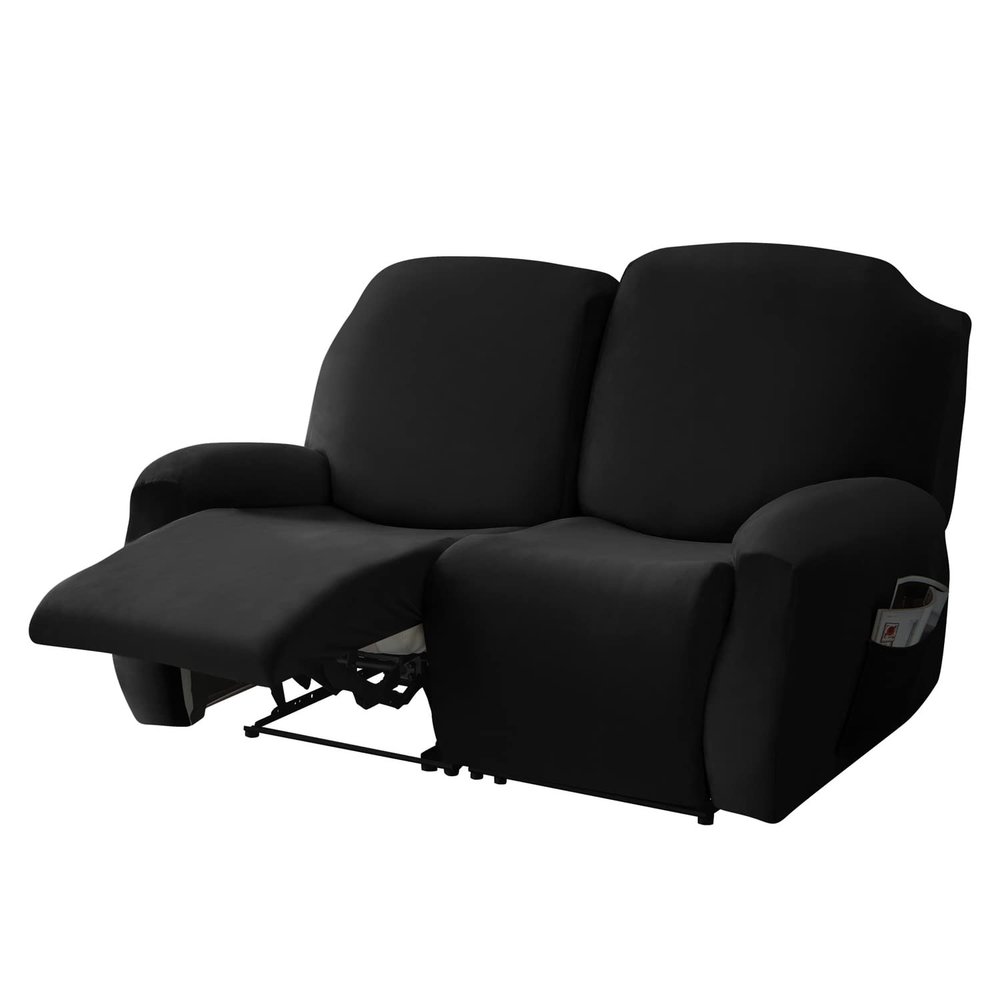 Stretch Velvet Sofa Cover for 2-Seater, Black, 6-Piece Set