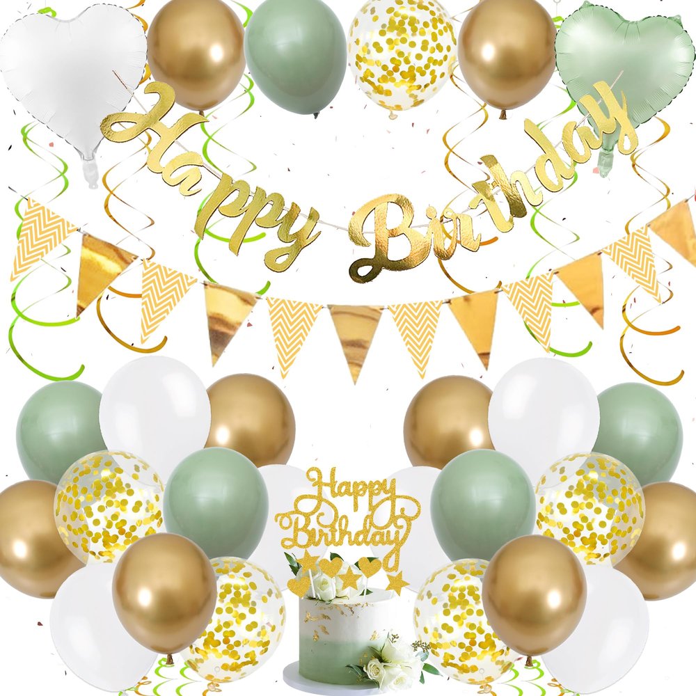 Xietaea Green Gold Happy Birthday Garland and Balloon Decoration Set