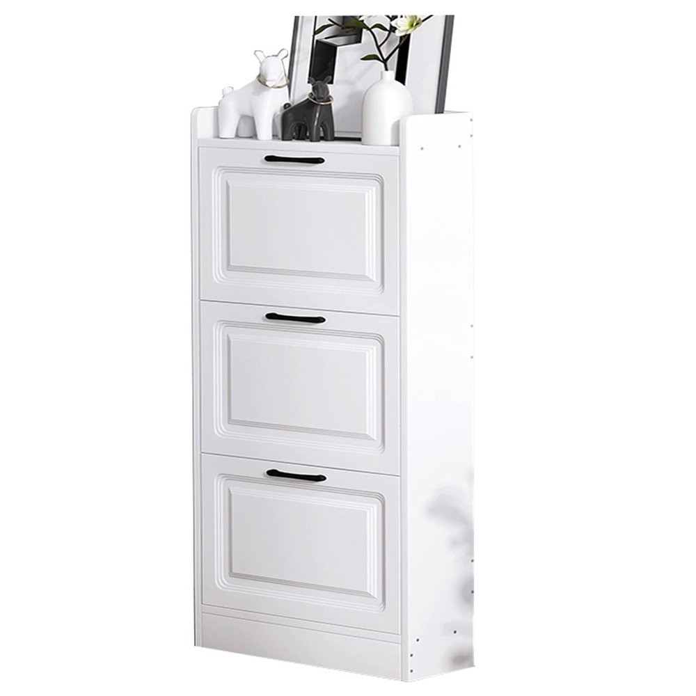 GSKDBCC 3-Tier Narrow Flip-Drawer Shoe Organizer, Dustproof Shoe Cabinet, White, Happy Chaser of Light
