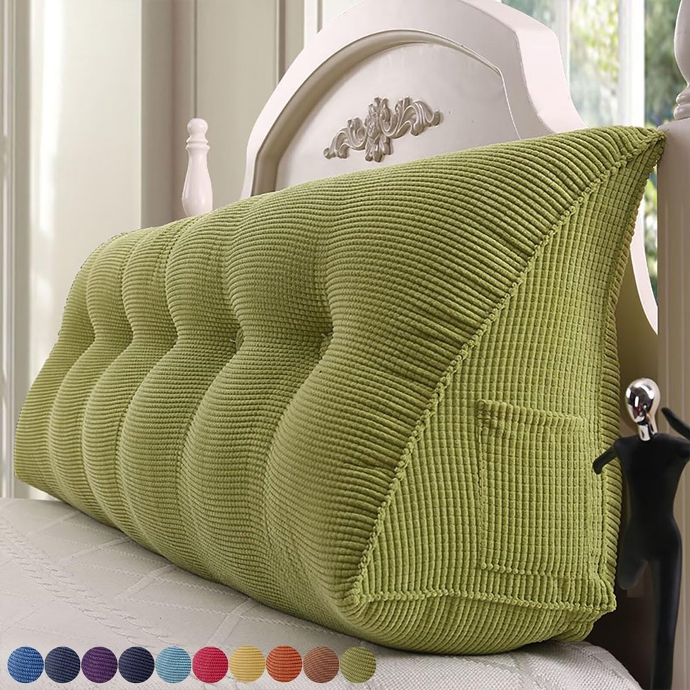 Bed Backrest Pillow 100 cm, Green Corduroy Wedge Cushion with Side Pocket